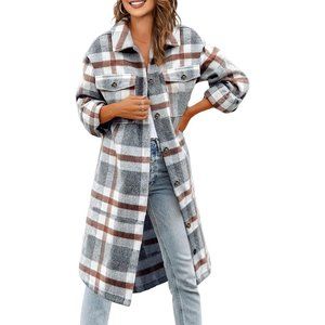 Women's Flannel Plaid Shirt Casual Lapel Button Down Long Winter Jacket Shacket